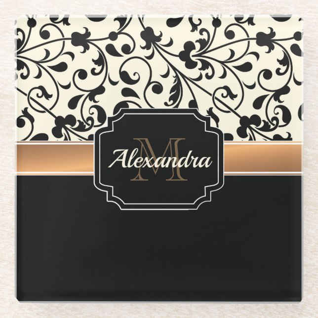 Posavasos De Vidrio Floral negro y blanco (Anverso)