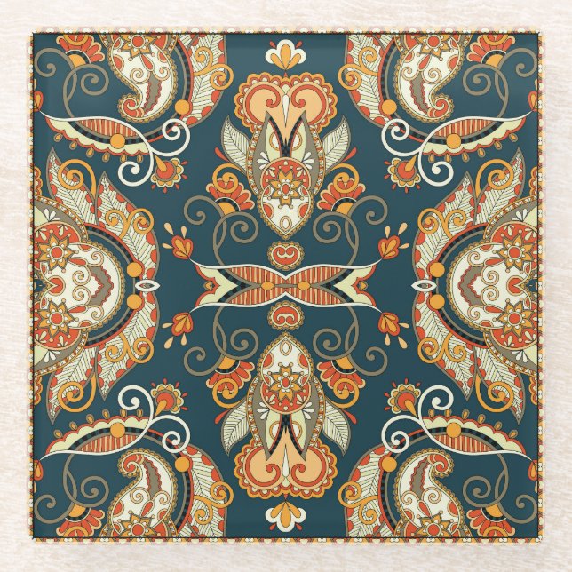 Posavasos De Vidrio Floral Paisley Bandanna: Ornamento Tradicional (Anverso)