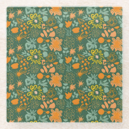 Posavasos De Vidrio Floral pattern on a dark green background 