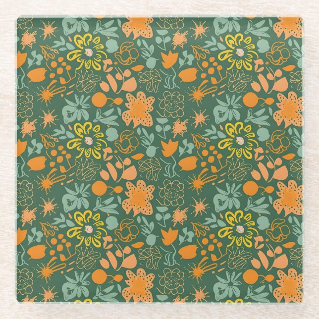 Posavasos De Vidrio Floral pattern on a dark green background  (Anverso)