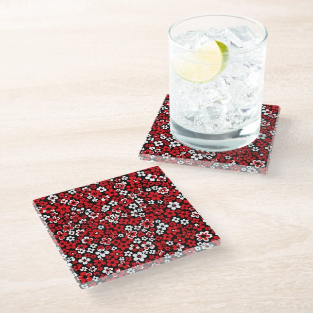 Posavasos De Vidrio Floral Pattern White and Red Coaster (Angular)