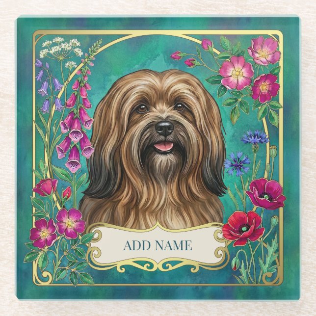 Posavasos de vidrio floral personalizado Lhasa Aps (Anverso)