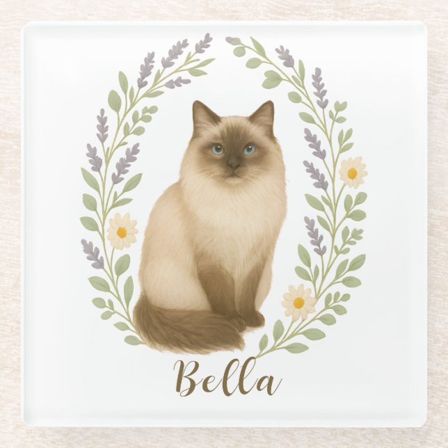 Posavasos De Vidrio Floral Ragdoll Cat Frame Personalized Name (Anverso)