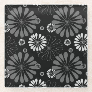 Posavasos De Vidrio Floral Retro en Blanco y Negro