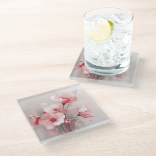 Posavasos De Vidrio Floral Rosa, Blanco y Gris