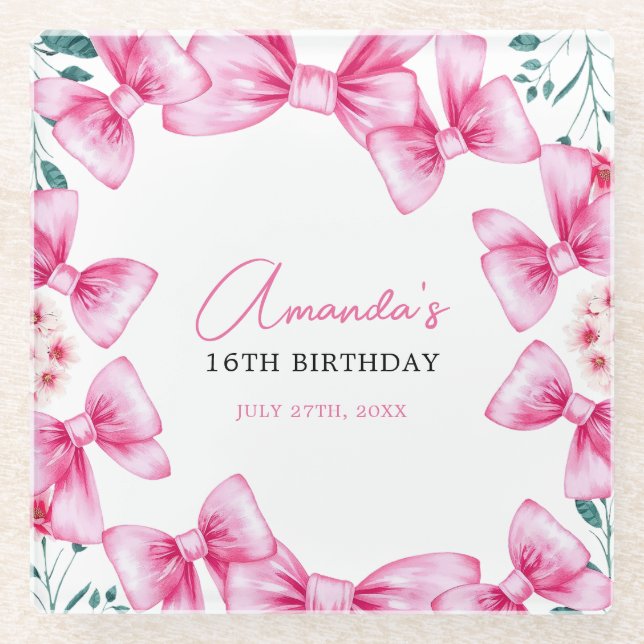 Posavasos De Vidrio Floral Rosa Bow Coquette Sweet 16 Cumpleaños (Anverso)