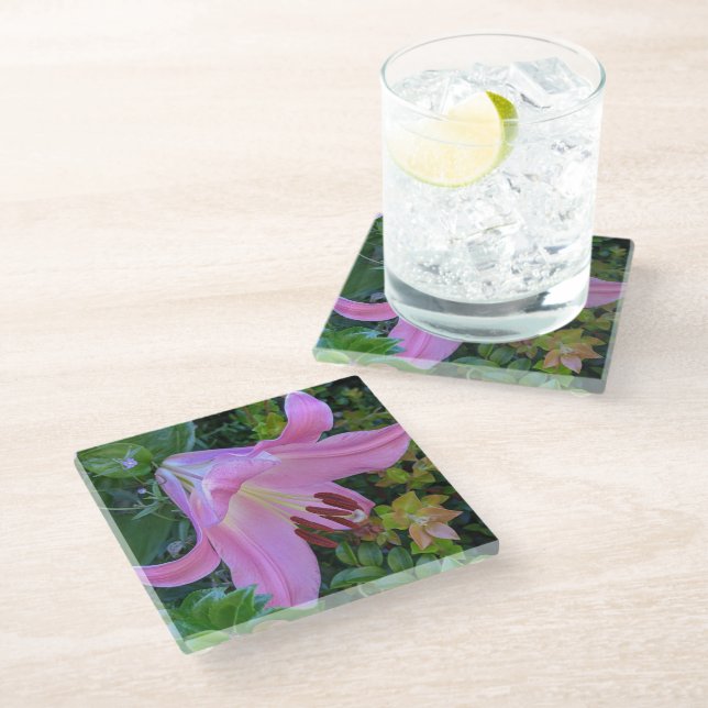 Posavasos De Vidrio Floral rosa Lily Bloom (Angular)