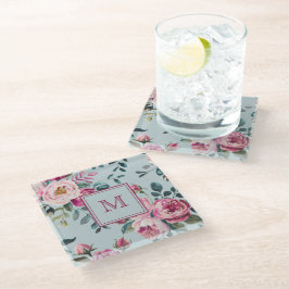 Posavasos De Vidrio Floral Rosa Polvorienta Grandmillennial Monograma