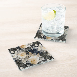 Posavasos De Vidrio Floral salvaje de leopardo negro crema