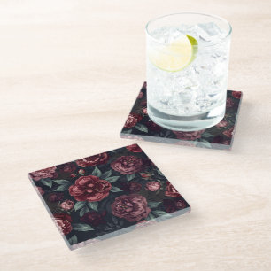 Posavasos De Vidrio Florales Malhumorados Patrón Acuarela Rojo Oscuro