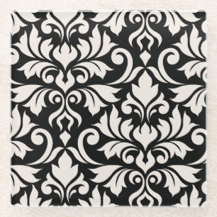 Posavasos De Vidrio Florecer arte Damask que yo crema en negro