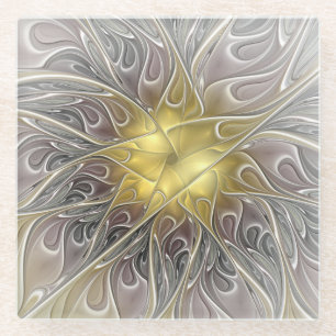 Posavasos De Vidrio Florecer con flor fractal abstracta moderna de oro
