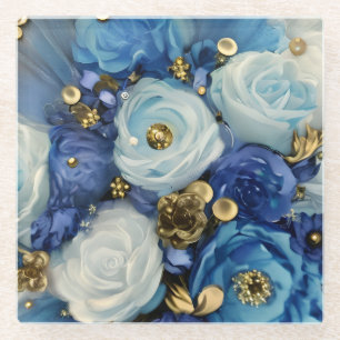 POSAVASOS DE VIDRIO FLORES ABSTRACTOS DE COLOR AGUA AZUL Y ORO