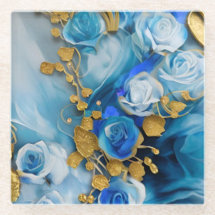 POSAVASOS DE VIDRIO FLORES ABSTRACTOS DE COLOR AGUA AZUL Y ORO