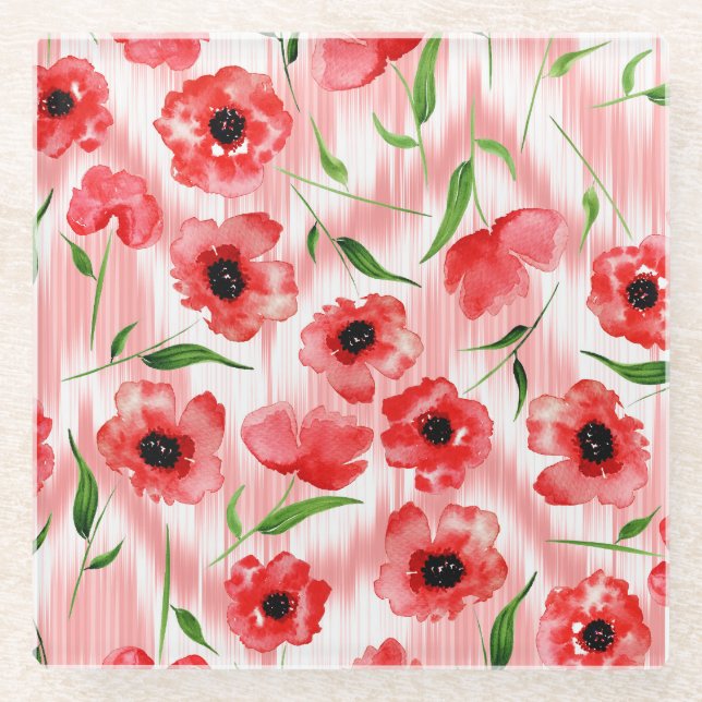Posavasos De Vidrio Flores acuarelas: ikat de adormidera. (Anverso)