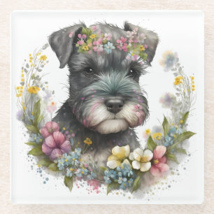 Posavasos De Vidrio Flores acuarelas y uva Schnauzer