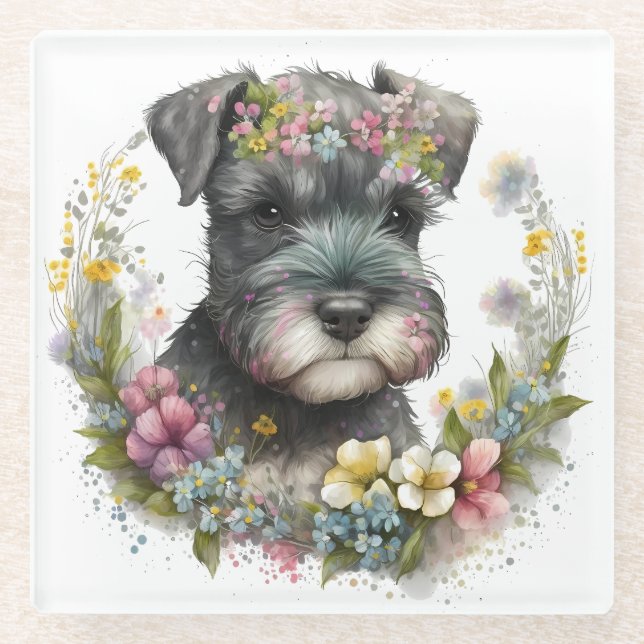 Posavasos De Vidrio Flores acuarelas y uva Schnauzer (Anverso)