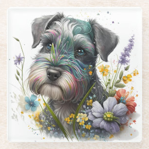 Posavasos De Vidrio Flores acuarelas y uva Schnauzer