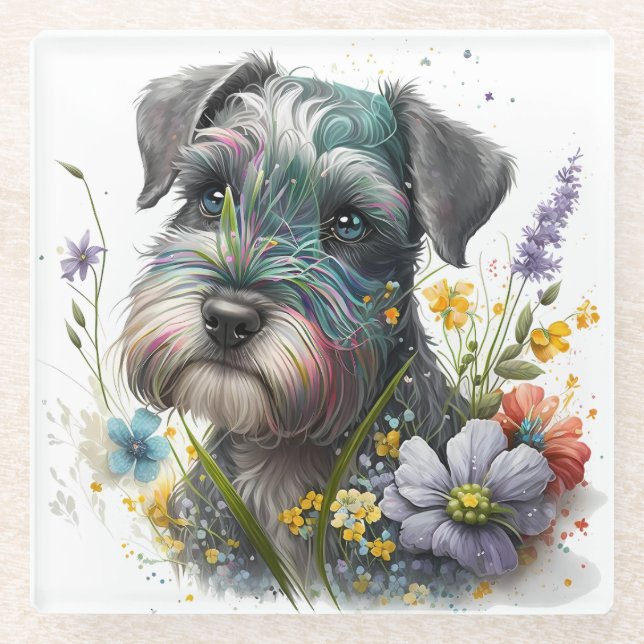 Posavasos De Vidrio Flores acuarelas y uva Schnauzer (Anverso)