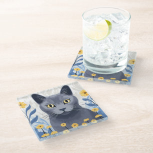 Posavasos De Vidrio Flores amarillas de gato azul ruso