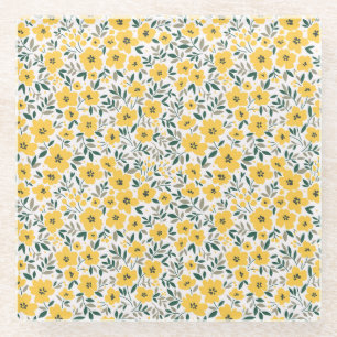 Posavasos De Vidrio Flores amarillas: flores florales modernas sin cos