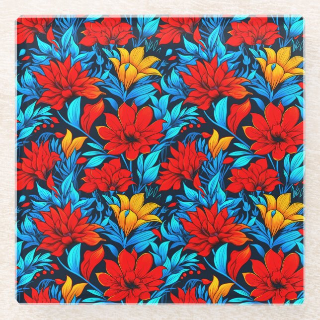 Posavasos De Vidrio Flores amarillas rojas florales Patrón-13075 (Anverso)