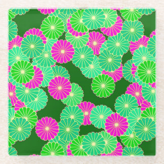 Posavasos De Vidrio Flores Art Decó en tonos verdes y fucsia