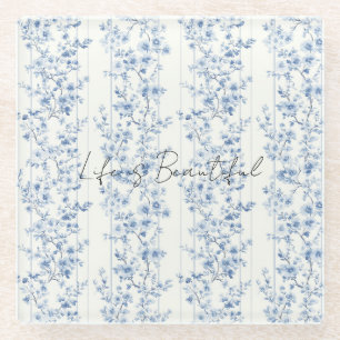 Posavasos De Vidrio Flores Azules Blancas Rayas Bonitas
