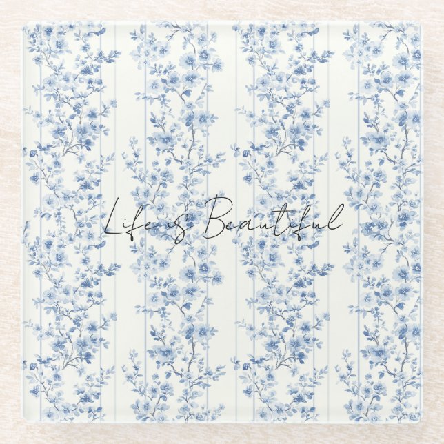Posavasos De Vidrio Flores Azules Blancas Rayas Bonitas (Anverso)