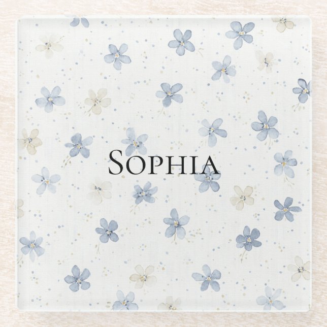 Posavasos De Vidrio Flores Azules Bonitas (Anverso)