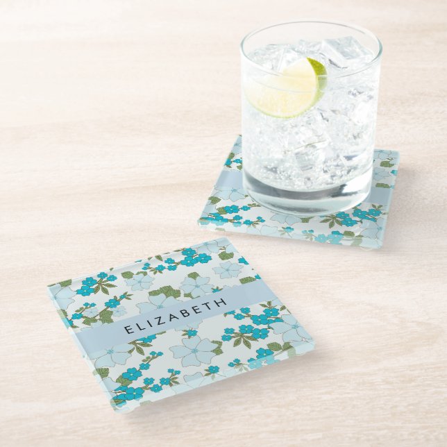 Posavasos De Vidrio Flores Azules, Patrón De Flores, Su Nombre (Angular)