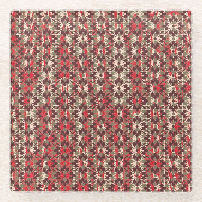 Posavasos De Vidrio Flores beige, tan y de patrón rojo (Anverso)