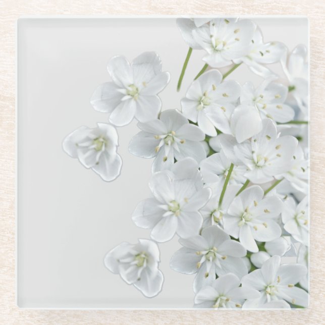 Posavasos De Vidrio Flores blancas (Anverso)