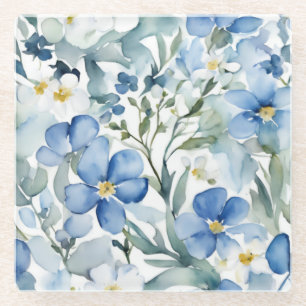 Posavasos De Vidrio Flores Blancas Azules Acuarela Chic