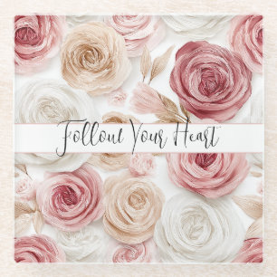 Posavasos De Vidrio Flores Blancas Crema Rubor Rosa Bonito