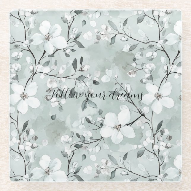 Posavasos De Vidrio Flores blancas grises de moda (Anverso)