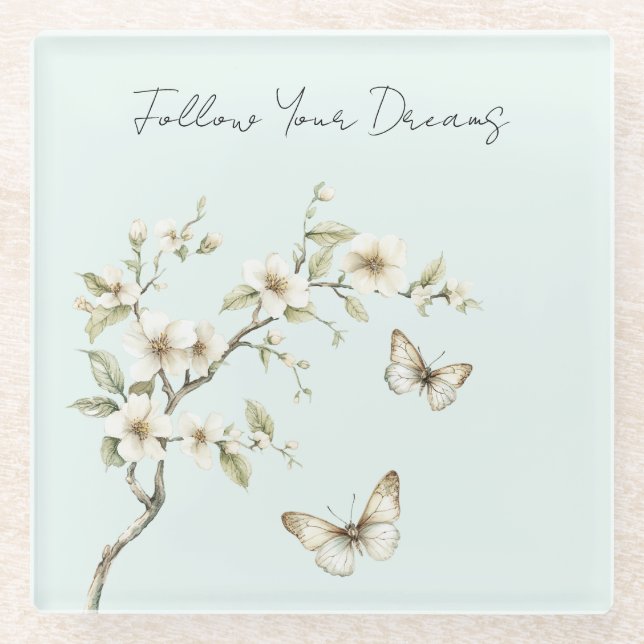 Posavasos De Vidrio Flores Blancas Menta Mariposas   (Anverso)