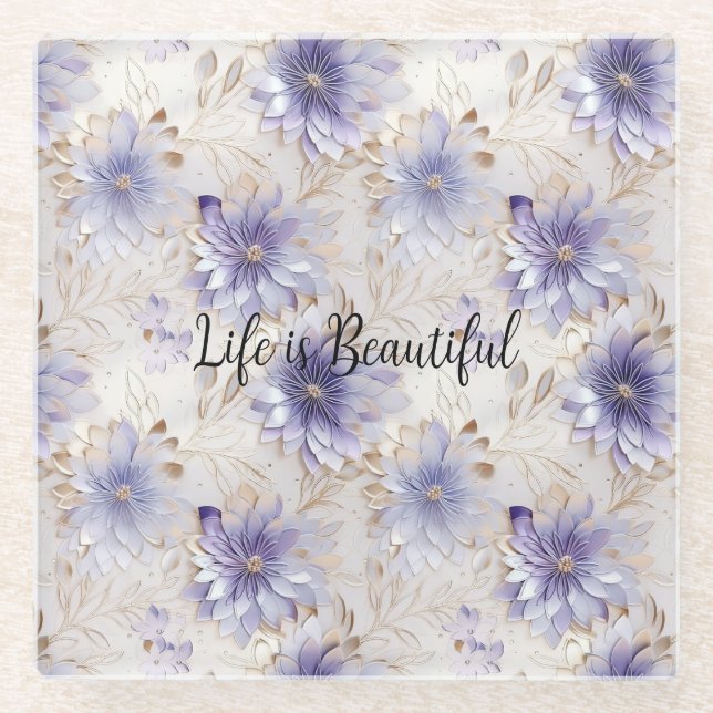 Posavasos De Vidrio Flores blancas moradas de bonito (Anverso)