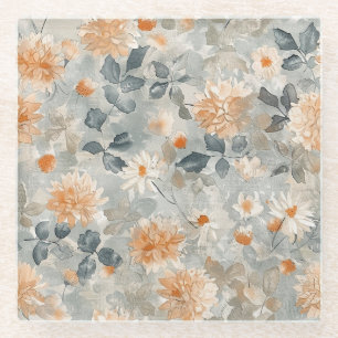Posavasos De Vidrio Flores blancas naranjas Hojas azules