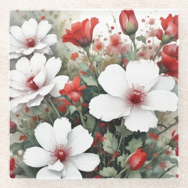 Posavasos De Vidrio Flores Blancas y Rojas Elegante Acuarela (Anverso)