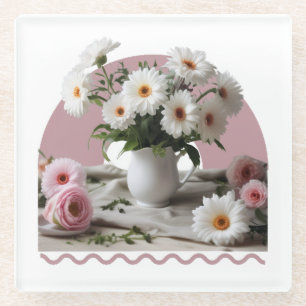 Posavasos De Vidrio Flores blancas y rosas