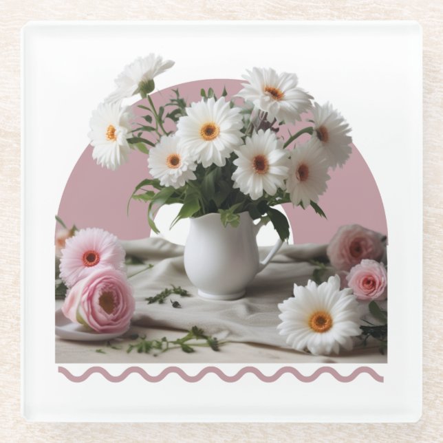 Posavasos De Vidrio Flores blancas y rosas (Anverso)