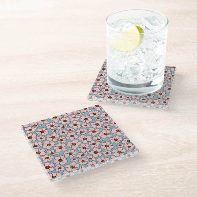 Posavasos De Vidrio Flores Boho Rosa y Azul  (Angular)