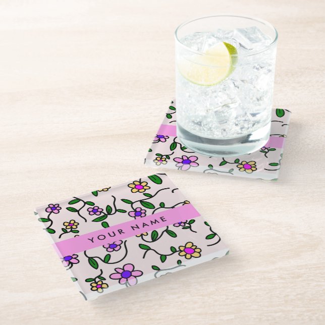 Posavasos De Vidrio Flores Coloridas, Fondo Rosa, Rosa (Angular)