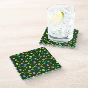 Posavasos De Vidrio Flores Coloridas, Patrón Floral, Follaje, Boho