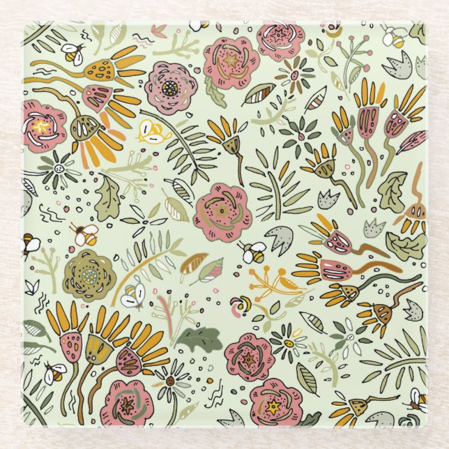Posavasos De Vidrio Flores de abejas florales acuáticas elegantes y mo (Anverso)