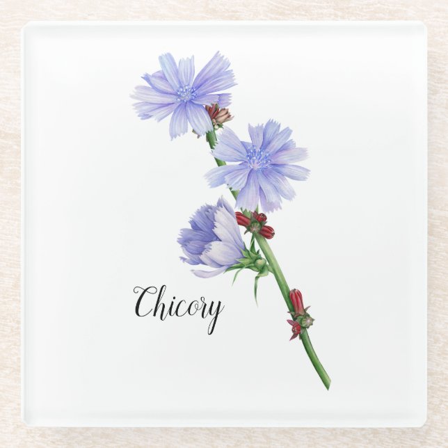Posavasos De Vidrio Flores de Achicoria Acuarela (Anverso)