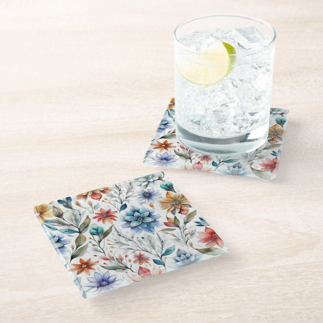 Posavasos De Vidrio Flores de Acuarela (Angular)