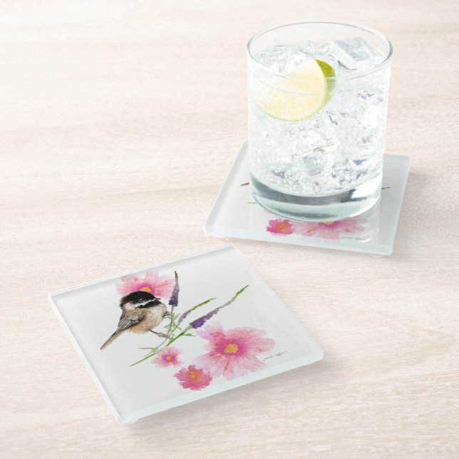 Posavasos De Vidrio Flores de acuarela de pollo lindo (Angular)