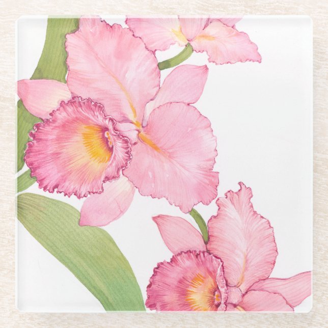 Posavasos De Vidrio Flores de acuarela rosa exótica (Anverso)